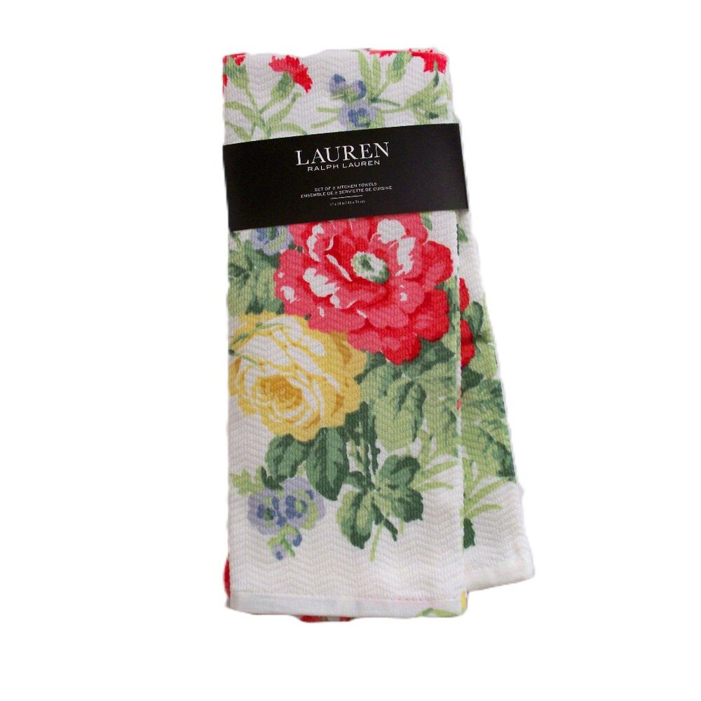 Lauren 2 Pc. Kitchen Towel Set White Pink Yellow Floral Design 100% Cotton NWT